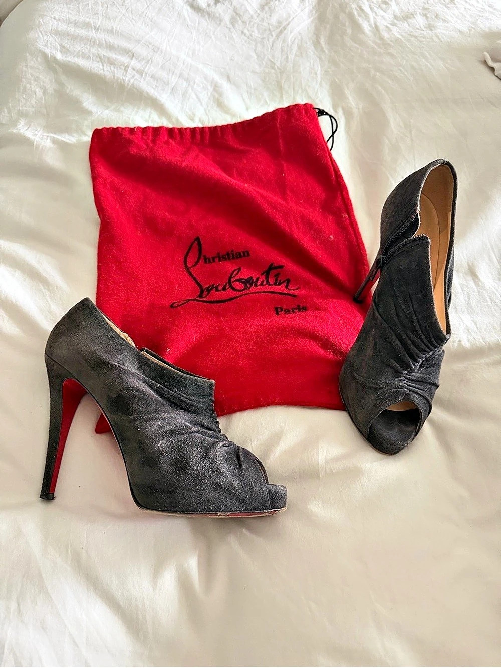 Christian Louboutin Treopli 120 Suede Peep Toe Booties gray size 38